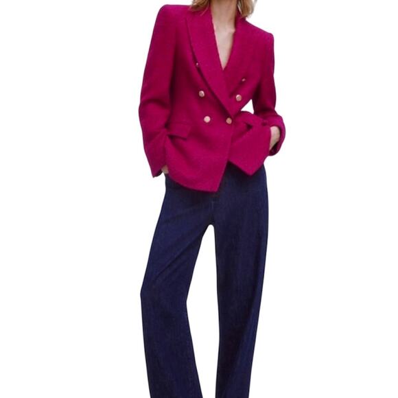 NEW Zara Fuschia Pink Double Breasted Textured Tweed Blazer Jacket M - Picture 4 of 8